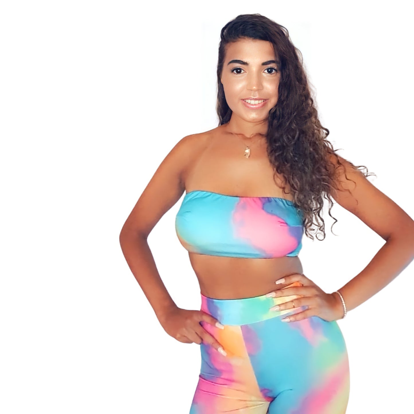 Gianni Tie Dye Bandeau and Shorts set in Turquoise Blue/Pink